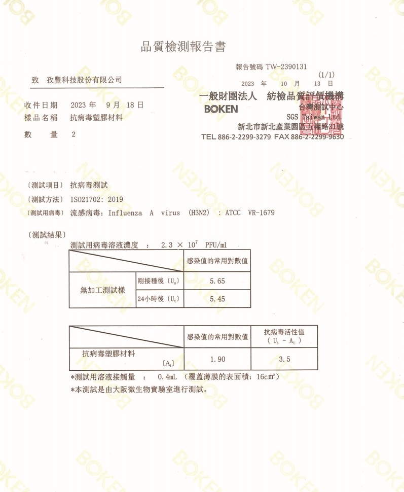 SGS-BOKEN 抗病毒檢驗報告